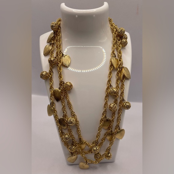 Vintage Jewelry - Vintage Signed Napier Gold Tone Necklace Textured Dangling Hearts Filigree Balls